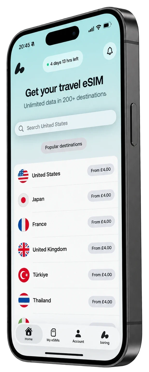 The Boring eSIM app showing unlimited data plans for the United States, Japan, France, the United Kingdom, Türkiye and Thailand.